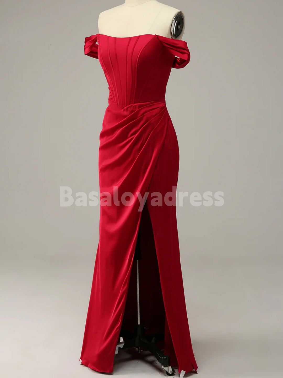BDES00081 Mermaid Off the Shoulder Red Floor-length Prom Dress with pleats and Split Front