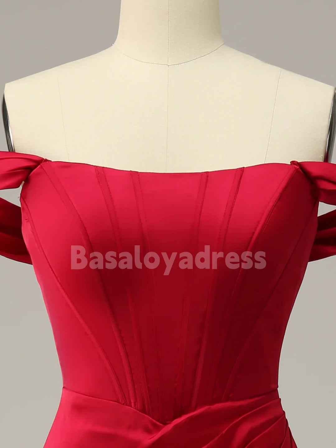 BDES00081 Mermaid Off the Shoulder Red Floor-length Prom Dress with pleats and Split Front