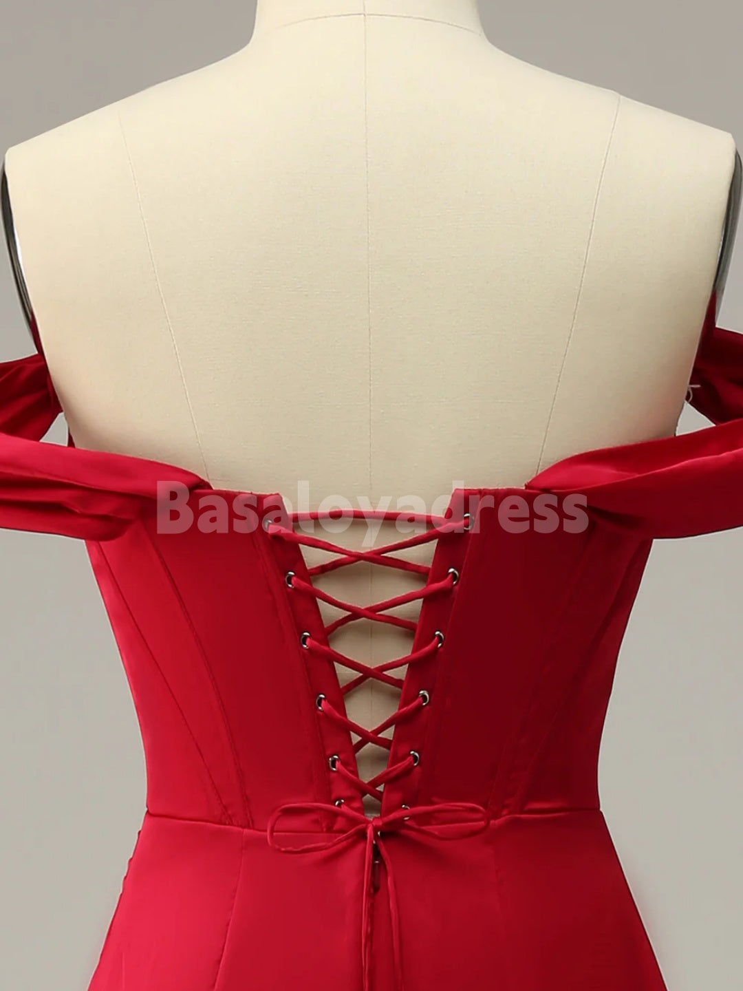 BDES00081 Mermaid Off the Shoulder Red Floor-length Prom Dress with pleats and Split Front