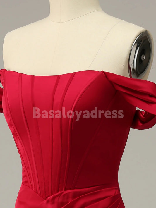 BDES00081 Mermaid Off the Shoulder Red Floor-length Prom Dress with pleats and Split Front