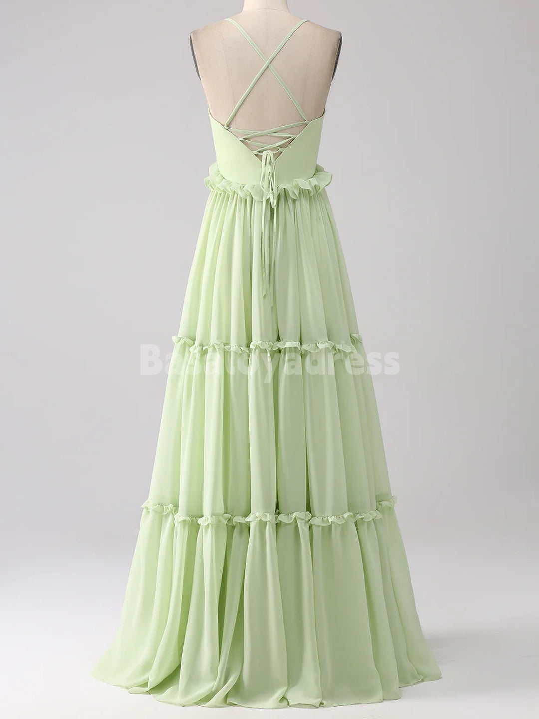 BDES00107 Emerald Green A Line Green Bridesmaid Dress with Lace-up Back Chiffon Maxi Dress with Ruffles