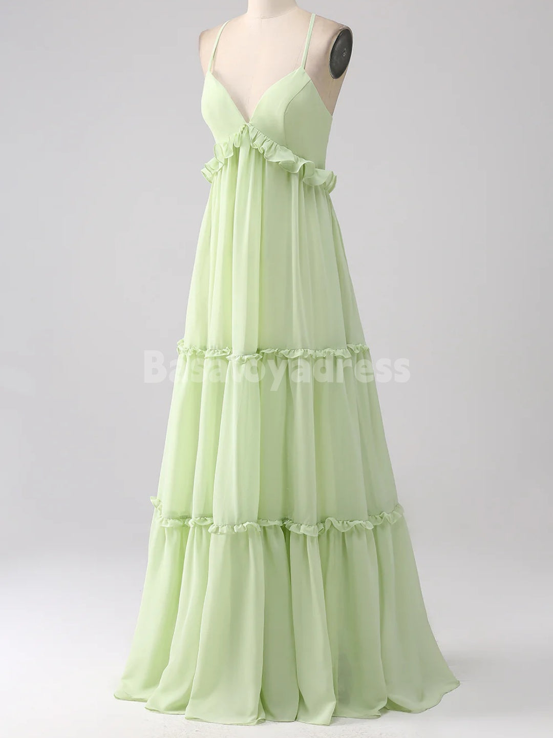 BDES00107 Emerald Green A Line Green Bridesmaid Dress with Lace-up Back Chiffon Maxi Dress with Ruffles