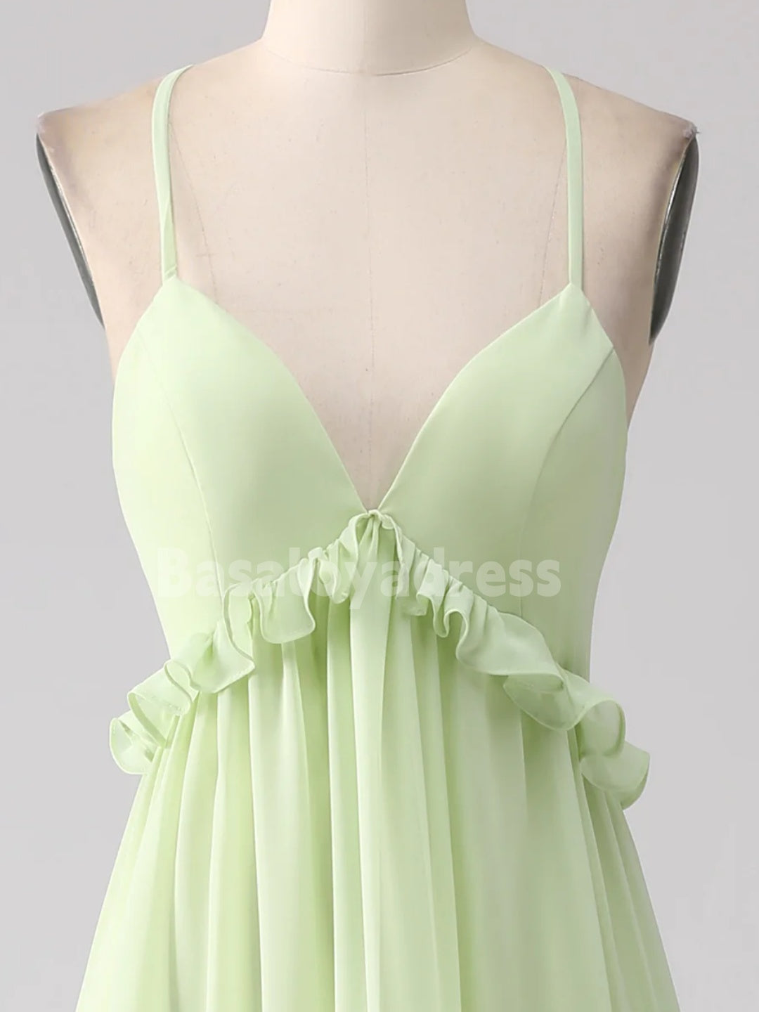 BDES00107 Emerald Green A Line Green Bridesmaid Dress with Lace-up Back Chiffon Maxi Dress with Ruffles