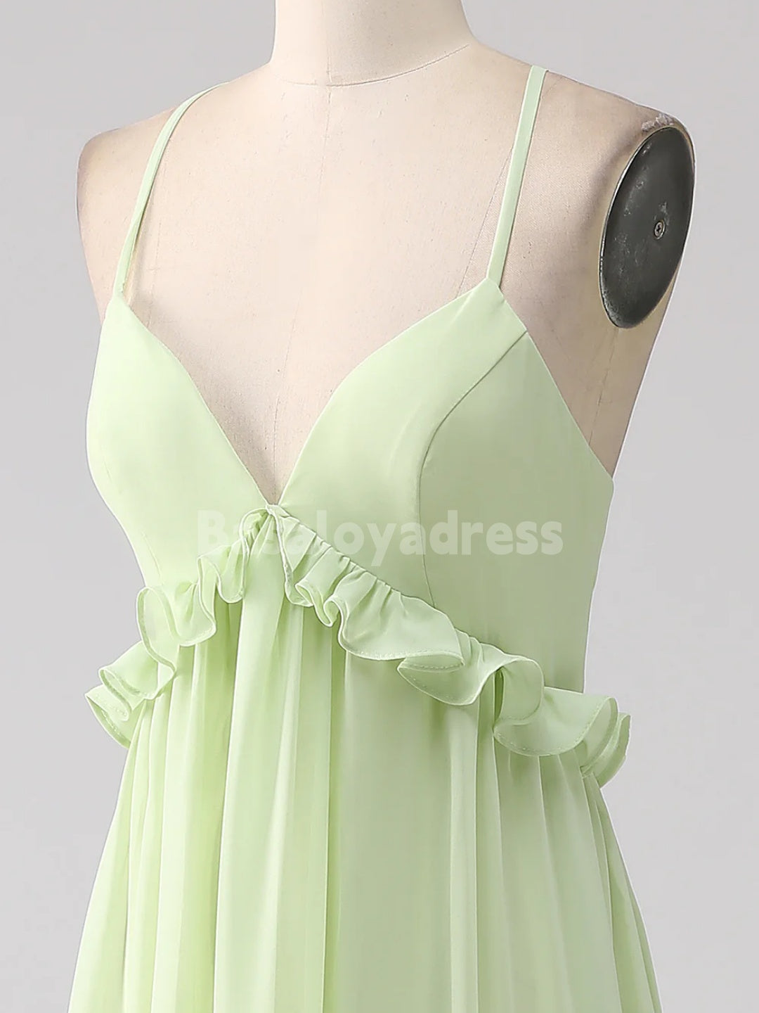 BDES00107 Emerald Green A Line Green Bridesmaid Dress with Lace-up Back Chiffon Maxi Dress with Ruffles