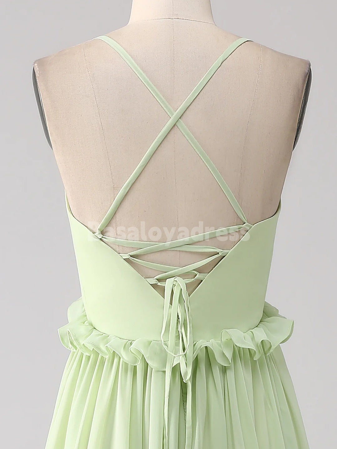 BDES00107 Emerald Green A Line Green Bridesmaid Dress with Lace-up Back Chiffon Maxi Dress with Ruffles