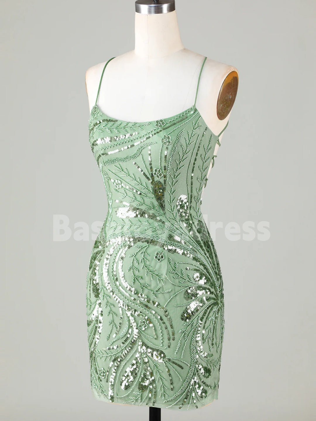 BSD00035 Sparkly Sequins Green Sheath Spaghetti Straps Cocktail Dress Short Homecoming Dress with Criss Cross Back
