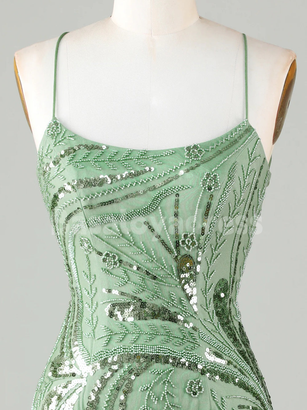 BSD00035 Sparkly Sequins Green Sheath Spaghetti Straps Cocktail Dress Short Homecoming Dress with Criss Cross Back