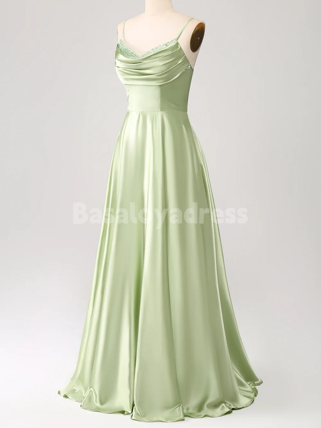 BDES00137 A Line Cowl Neck Satin Long Prom Dress with Pleats and Sequins