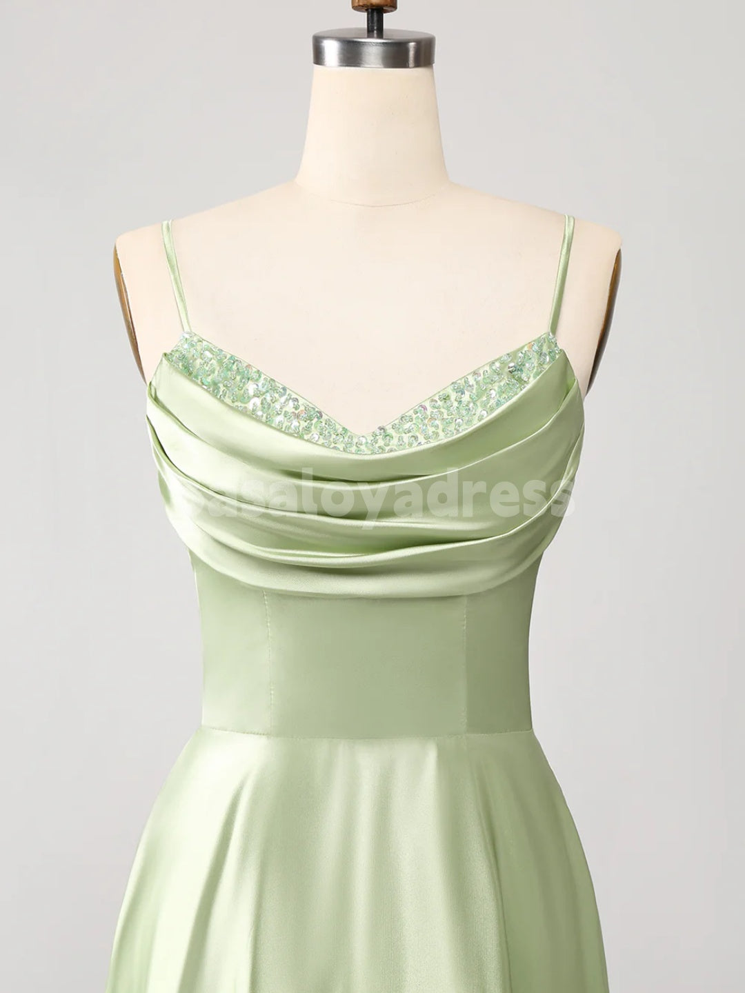 BDES00137 A Line Cowl Neck Satin Long Prom Dress with Pleats and Sequins