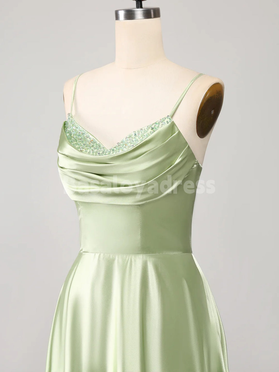 BDES00137 A Line Cowl Neck Satin Long Prom Dress with Pleats and Sequins