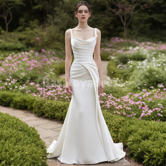 BWD00036 Elegant Wedding Dress with Wide Straps and Cowl Neck Mermaid Sleeveless Pleated Floor Length Bridal Gowns