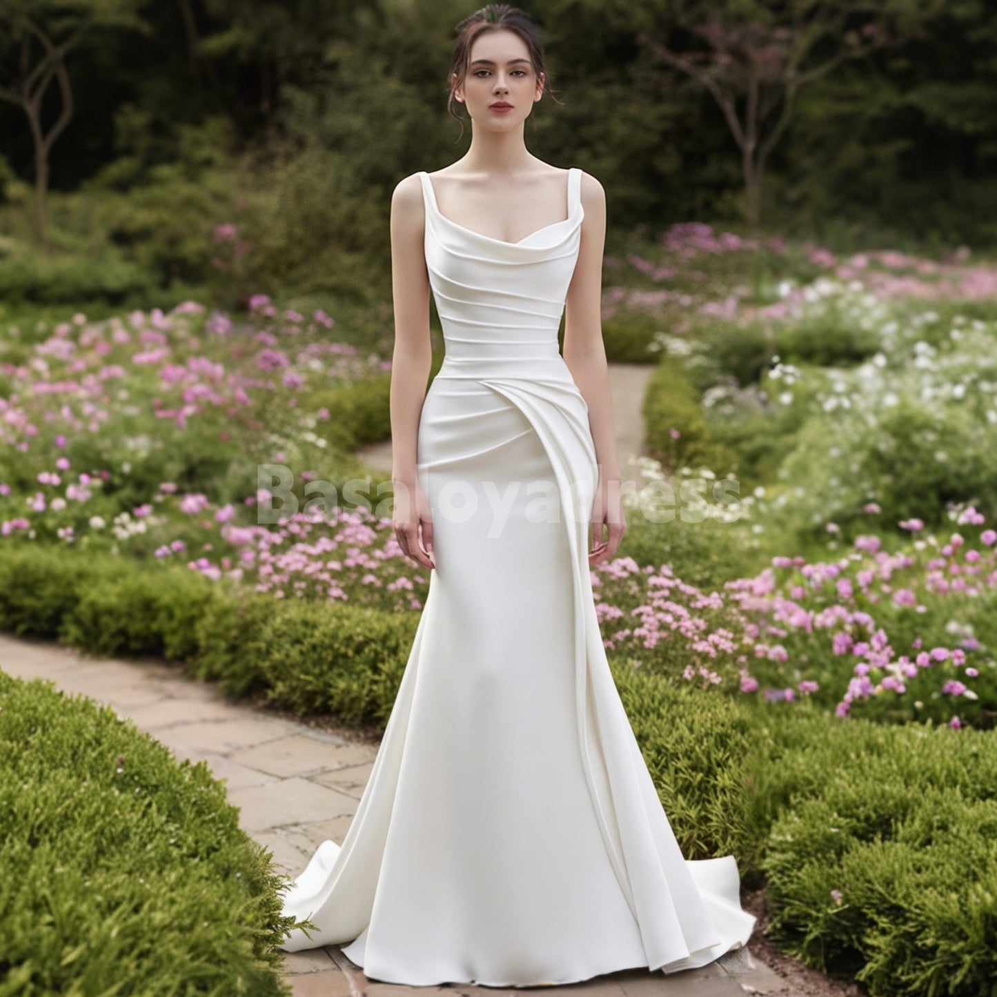 BWD00036 Elegant Wedding Dress with Wide Straps and Cowl Neck Mermaid Sleeveless Pleated Floor Length Bridal Gowns