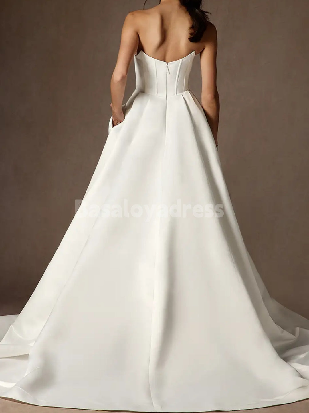 BWD00043 Strapless Satin Wedding Dress Simple Elegant Light Ivory A Line Bridal Gowns