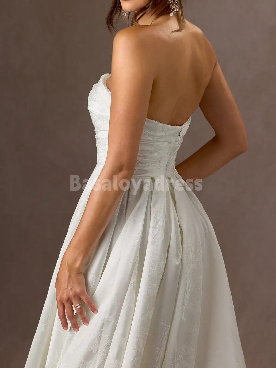 BWD00046 A-Line Strapless Floral Jacquard Pleated Floor-Length Wedding Dress with High Slit
