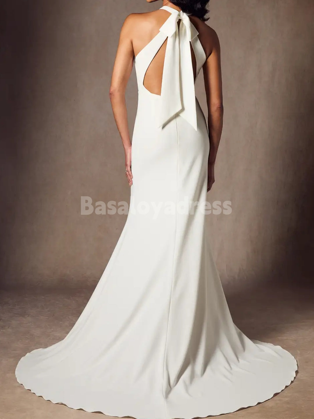 BWD00055 Black Sheath Backless Bow Tied Stretch Crepe Wedding Dress with Tulle Gloves