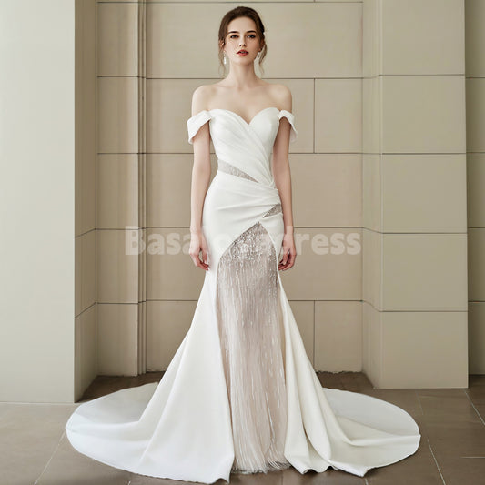 BWD00038 Modern Sparkly Off-Shoulder Mermaid Satin Wedding Dress With Train High Slit Bridal Dress
