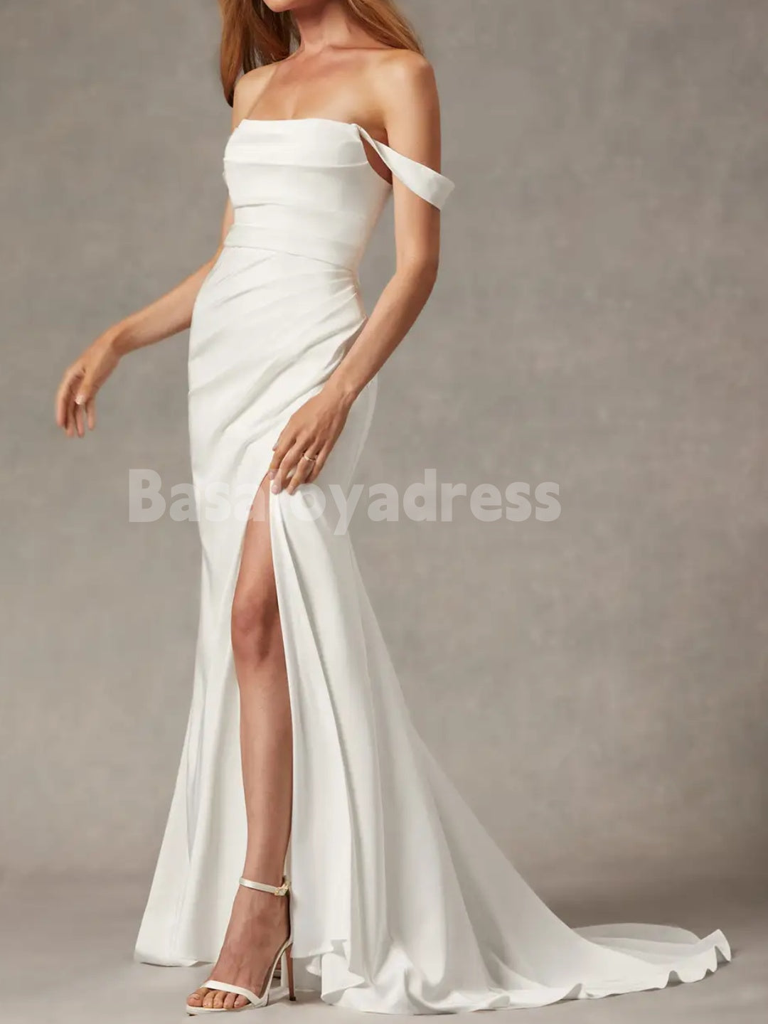 BWD00045 Pleated Open-Back Mermaid Wedding Dress with Detachable Straps and High Slit