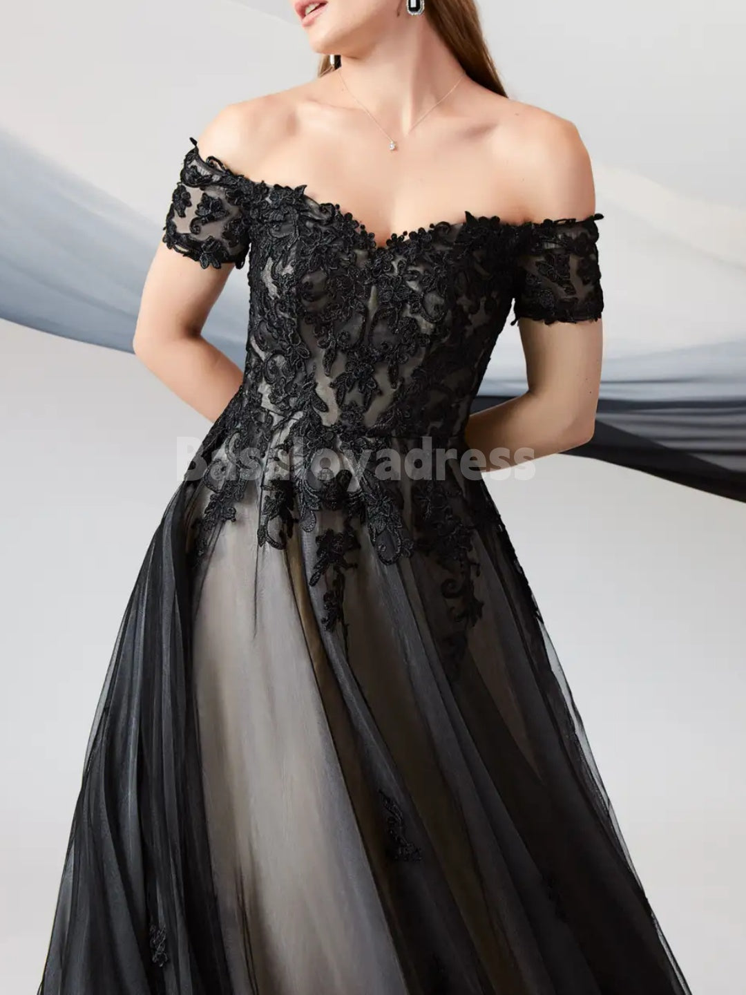 BWD00051 Black Champagne Off the Shoulder Tulle Ball Gown Gothic A-Line Sweetheart Wedding Dress