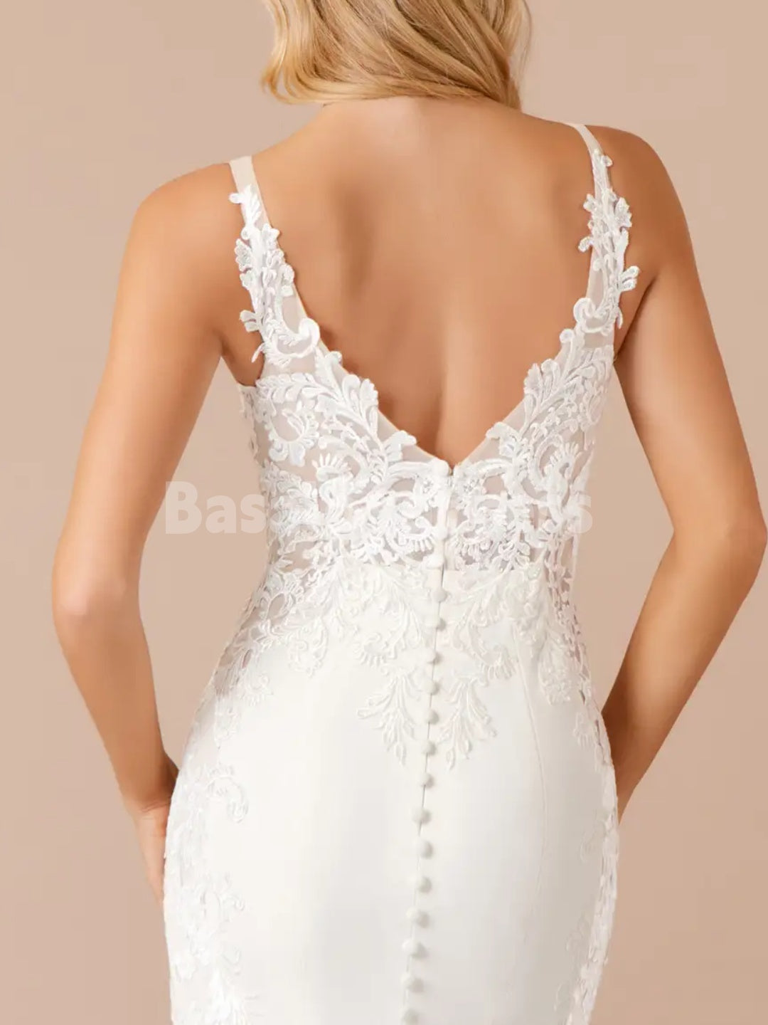 BWD00050  V-neck Sleeveless Lace Applique Illusion Bodice Mermaid Stretch Crepe Wedding Dress with Train