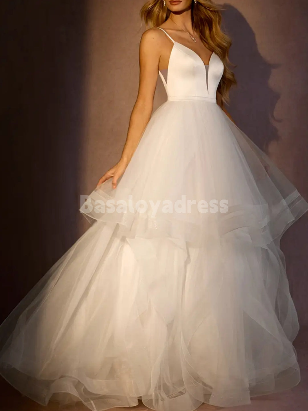 BWD00059 Princess Spaghetti Strap V-neck Ball-Gown Ruched Satin Tulle Wedding Dress