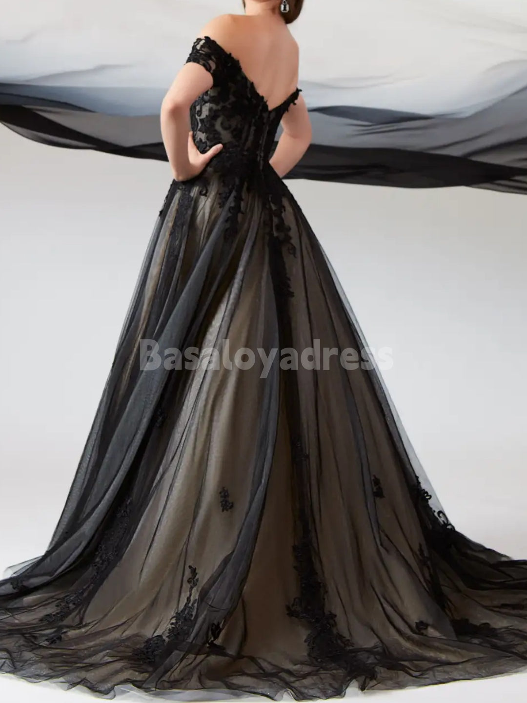 BWD00051 Black Champagne Off the Shoulder Tulle Ball Gown Gothic A-Line Sweetheart Wedding Dress