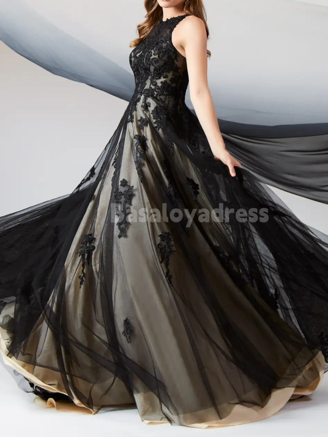BWD00052 Black Champagne A-Line Round Neck Sleeveless Lace Applique Dress Gothic Tulle Wedding Gown