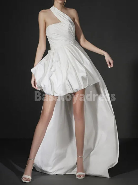 BWD00066 Mini Wedding Dresses Sleeveless One Shoulder Short Satin Bridal Dress Boho Beach Wedding Gowns with Train