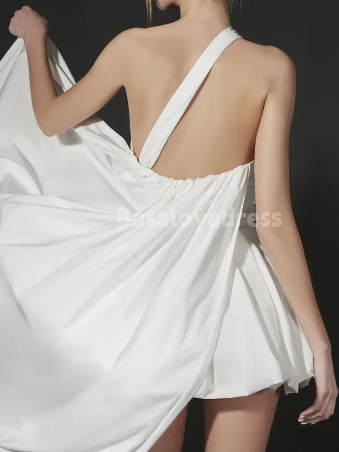 BWD00066 Mini Wedding Dresses Sleeveless One Shoulder Short Satin Bridal Dress Boho Beach Wedding Gowns with Train