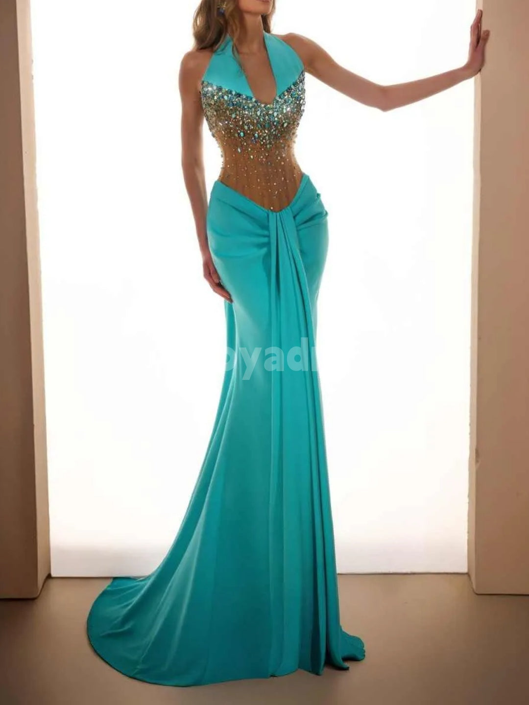 BDES00094 Sexy Glamorous Turquoise Halter Strapless Beaded Sleeveless Semi-sheer Mermaid Prom Dress