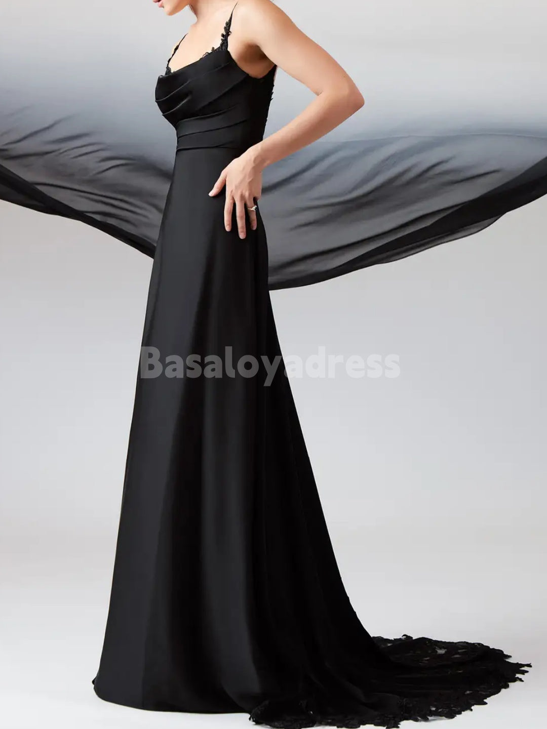 BWD00054 Gothic Simple Black A-Line Sleeveless Lace Stretch Satin Long Wedding DressWith Spaghetti Straps
