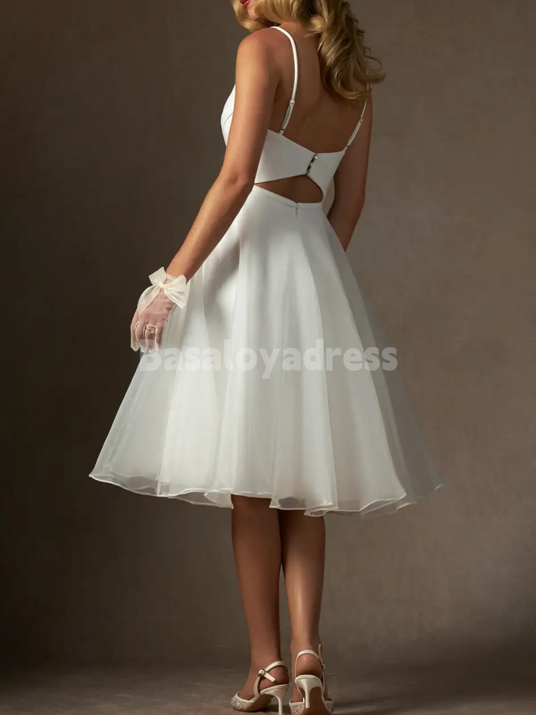 BWD00058 Light Ivory A-Line V-Neck Pleated Stretch Crepe Tulle Prom Dress Little White Knee-Length Wedding Dress