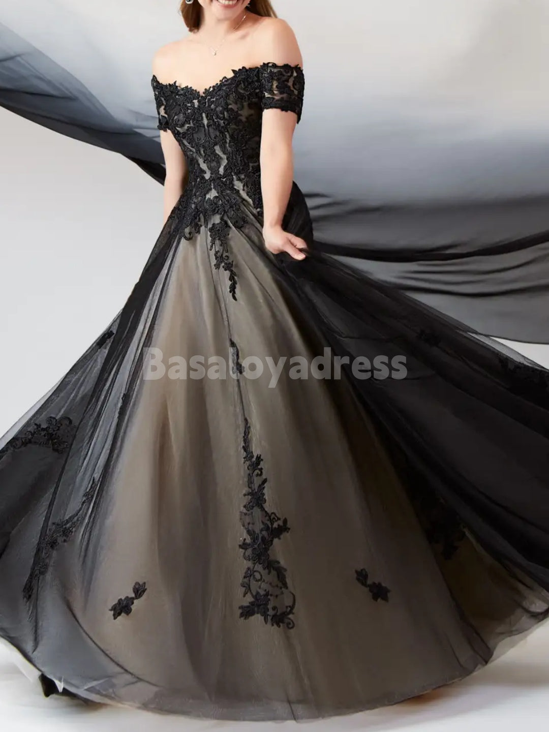 BWD00051 Black Champagne Off the Shoulder Tulle Ball Gown Gothic A-Line Sweetheart Wedding Dress