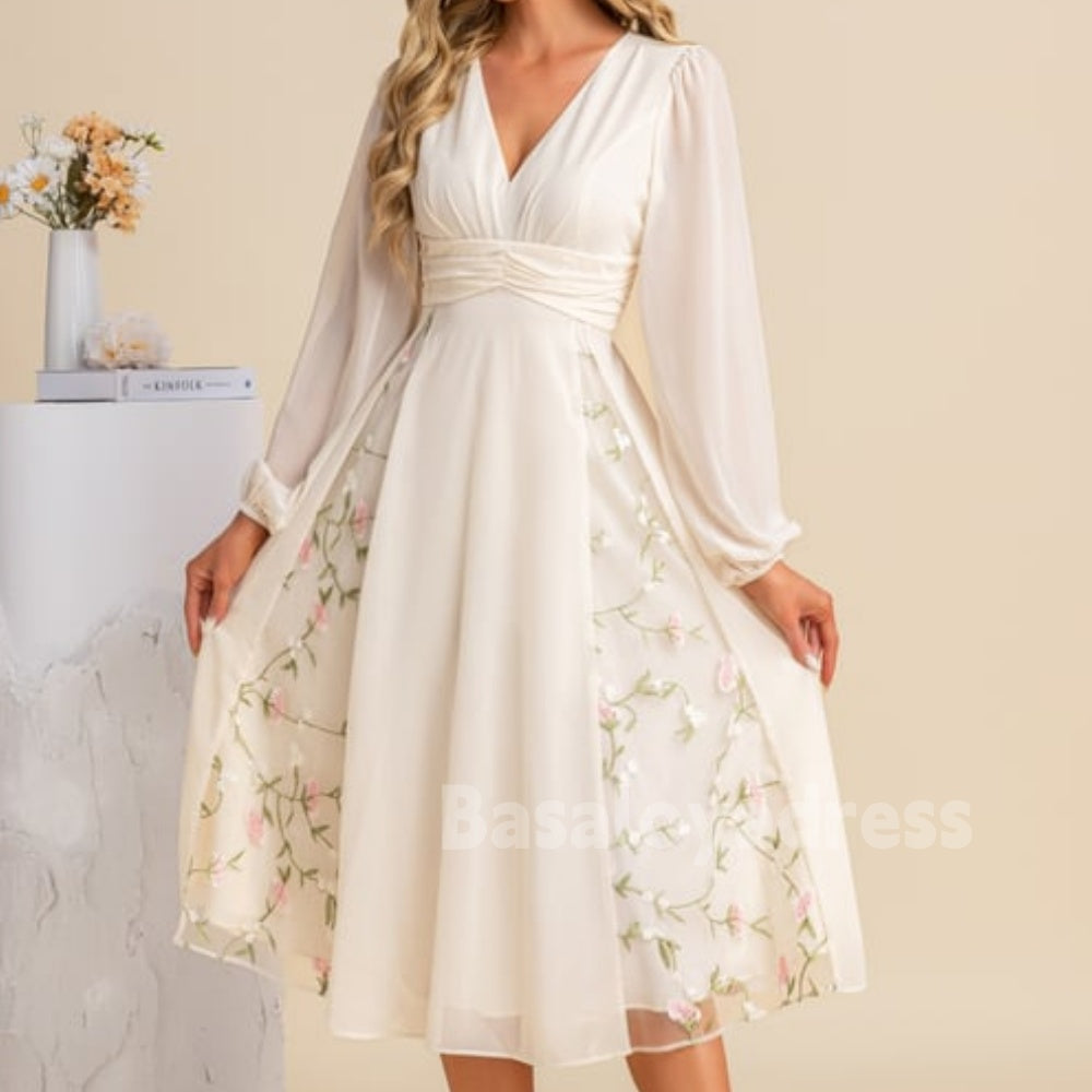 BSD00023 Pleated V-Neck Waist Tight Long Sleeve A-line Chiffon Lace Floral Midi Dress