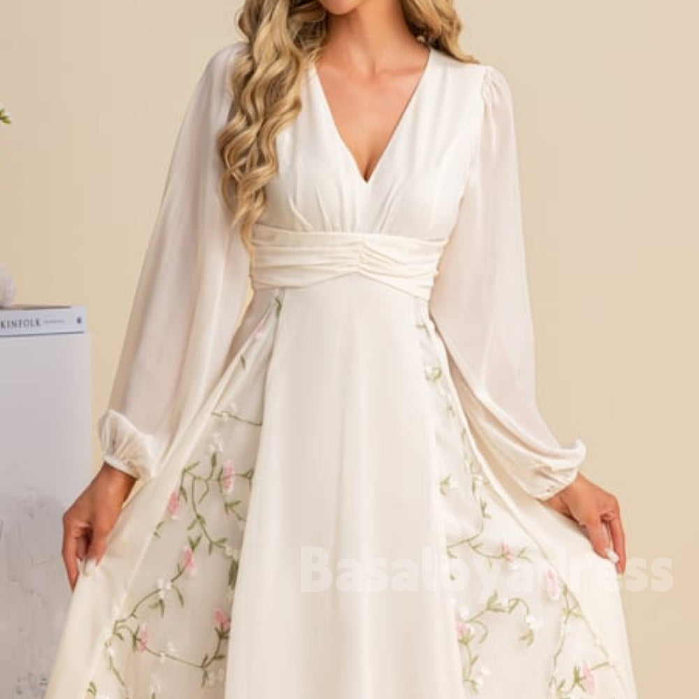 BSD00023 Pleated V-Neck Waist Tight Long Sleeve A-line Chiffon Lace Floral Midi Dress