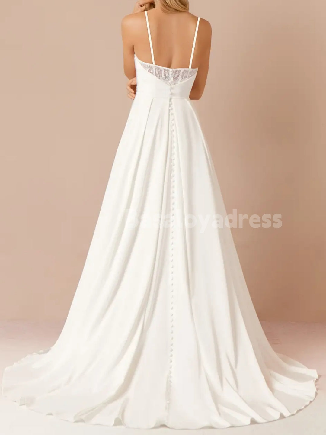 BWD00048 A-Line Crepe Back Lace Applique Dress with Detachable Spaghetti Straps and High Slit
