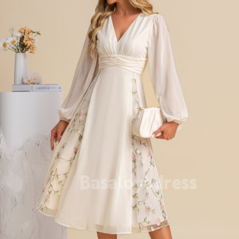 BSD00023 Pleated V-Neck Waist Tight Long Sleeve A-line Chiffon Lace Floral Midi Dress