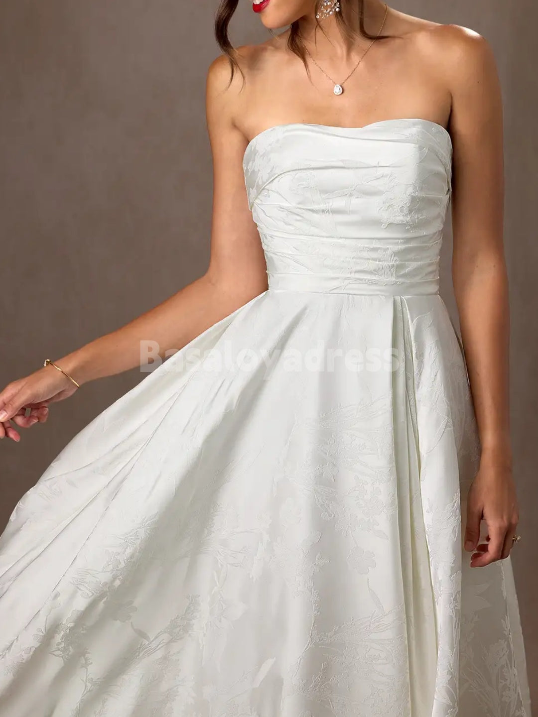 BWD00046 A-Line Strapless Floral Jacquard Pleated Floor-Length Wedding Dress with High Slit