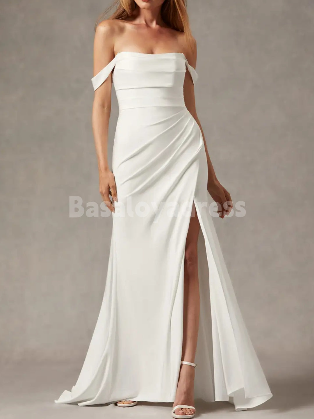 BWD00045 Pleated Open-Back Mermaid Wedding Dress with Detachable Straps and High Slit