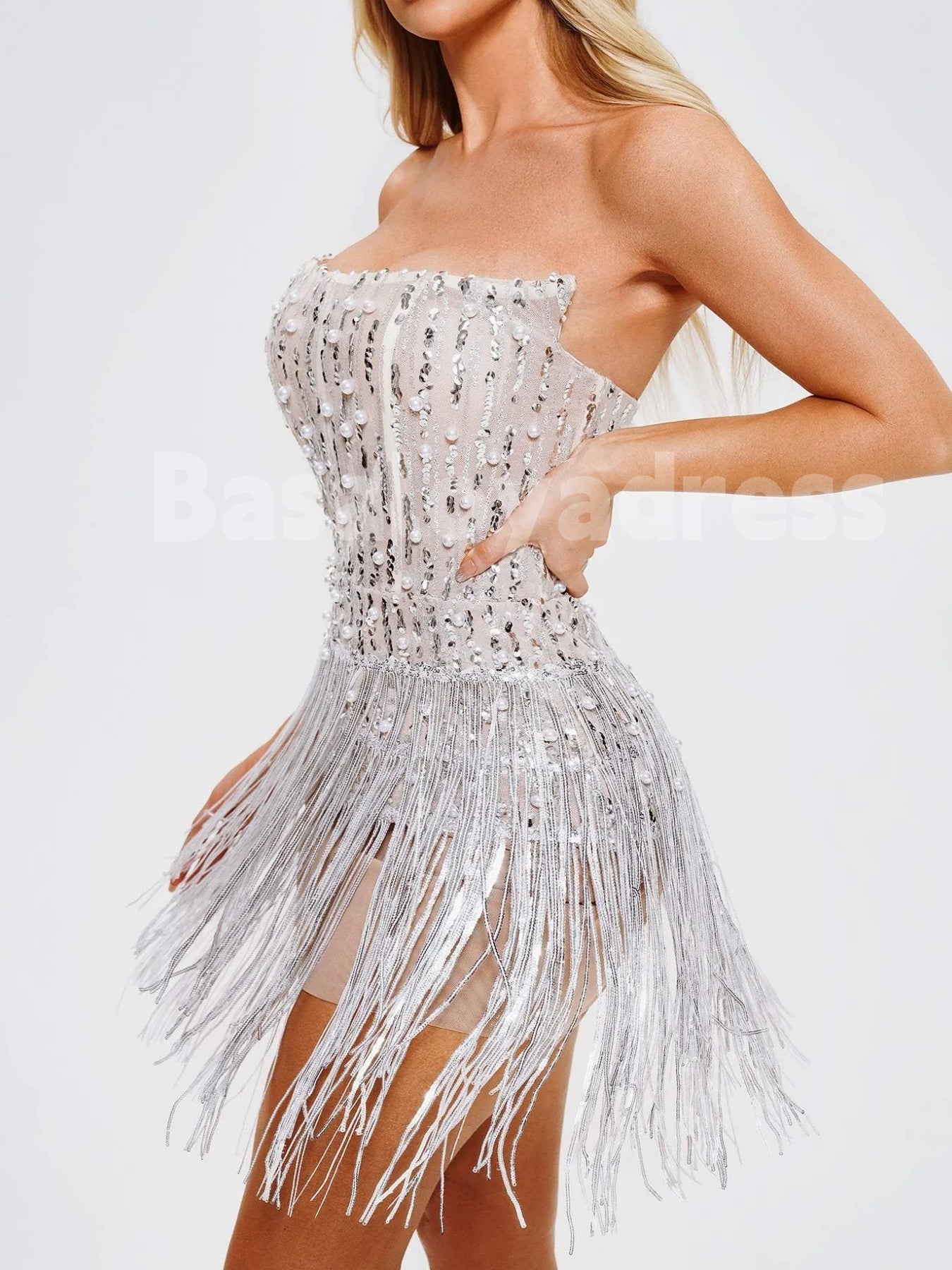 BSD00049 Pearl Sequin Tassel Cocktail Dress Nude Silver Off-the-shoulder Mini Corset Dress