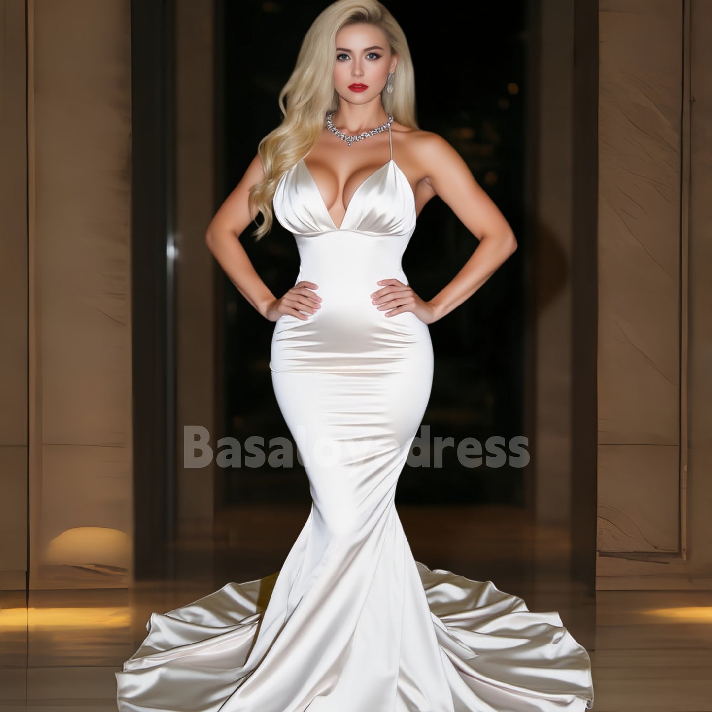 BDES00055 Sexy Mermaid Deep V Neck Backless Spaghetti Straps Long Floor-Length Silk Satin Prom Dress