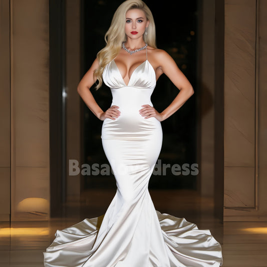 BDES00055 Sexy Mermaid Deep V Neck Backless Spaghetti Straps Long Floor-Length Silk Satin Prom Dress
