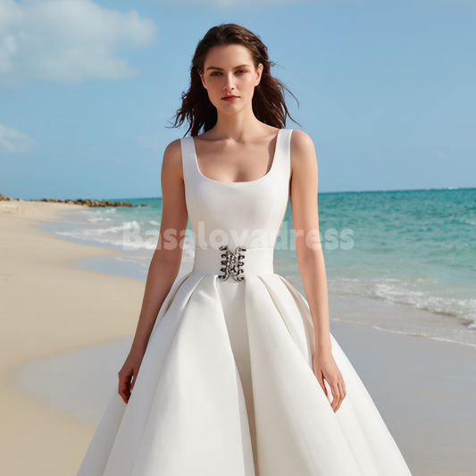 BWD00068 Designer Light Ivory A-Line Long Dress Satin Wedding Gown with Thick Belt