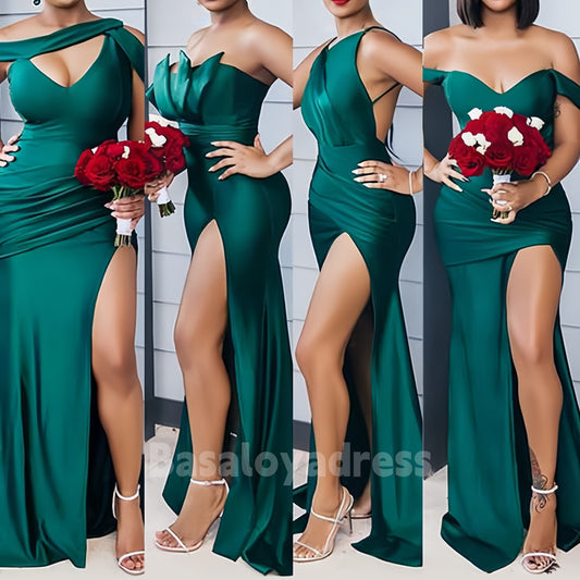 BDES00064 Different Styles Trumpet/Mermaid Sleeveless Long/Floor-Length Satin Bridesmaid Dress With Pleated Split