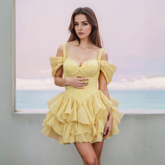 BSD00066 Elegant Yellow A-Line Wedding Party Dress Sweetheart Short Sleeves Organza Mini Dress Special Occasion Birthday Dresses Custom