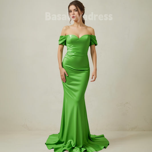 BDES00061 Green Mermaid Off-the-Shoulder Sweetheart Neckline Short Sleeve Satin Sweep Train Prom Dress With Pleated