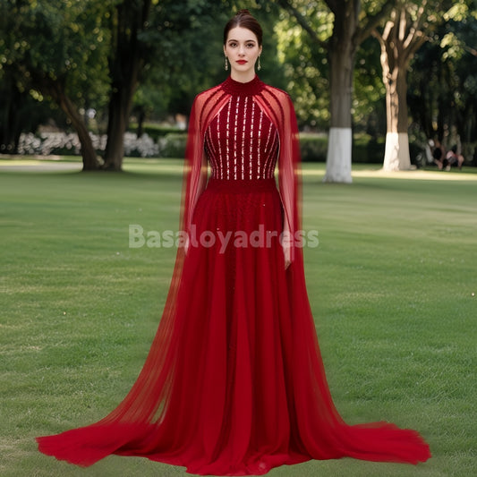 BDES00062 2025 Arabic Sparkly Beaded Luxury Cape Sleeve A-Line Prom Dresses Evening Dress for Women's Wedding Party