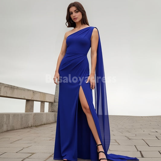 BDES00056 Royal Blue Trumpet/Mermaid Asymmetrical One Shoulder Floor-Length Chiffon Pleated Evening Dress with Cape on one side