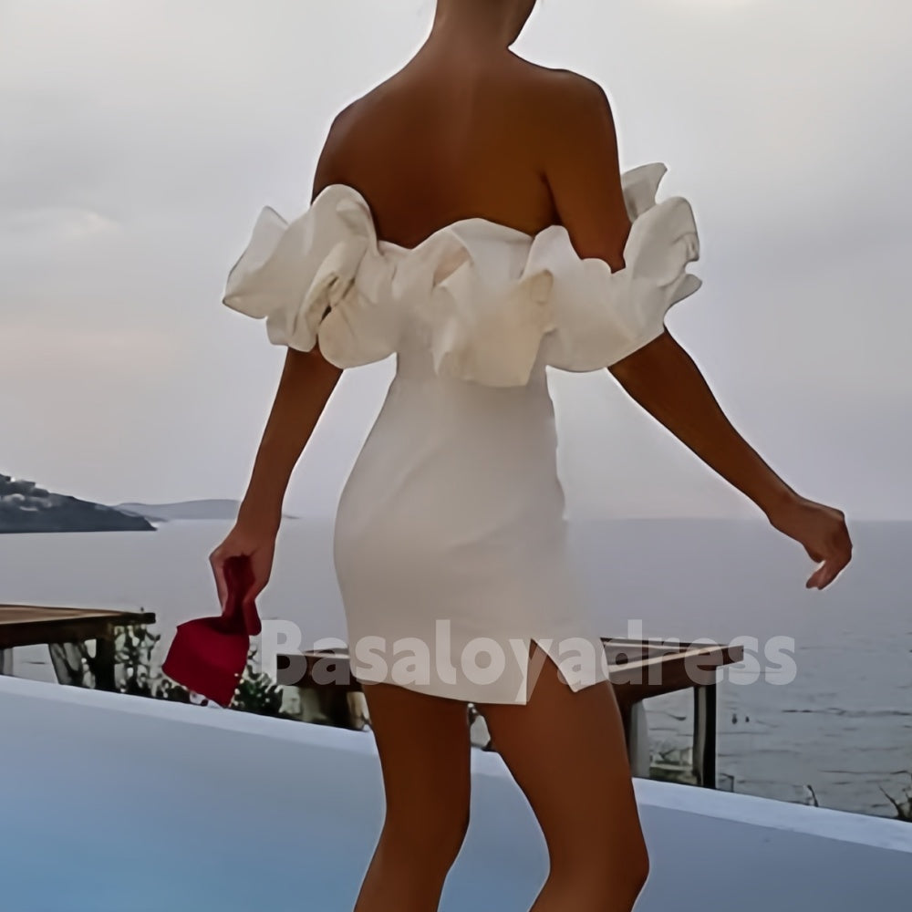 BSD00029 Sheath Column Off-the-Shoulder Satin Short Skirt Mini Homecoming Dress With Ruffles
