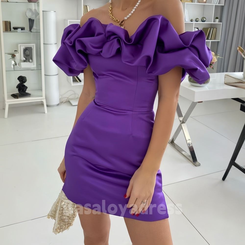 BSD00029 Sheath Column Off-the-Shoulder Satin Short Skirt Mini Homecoming Dress With Ruffles