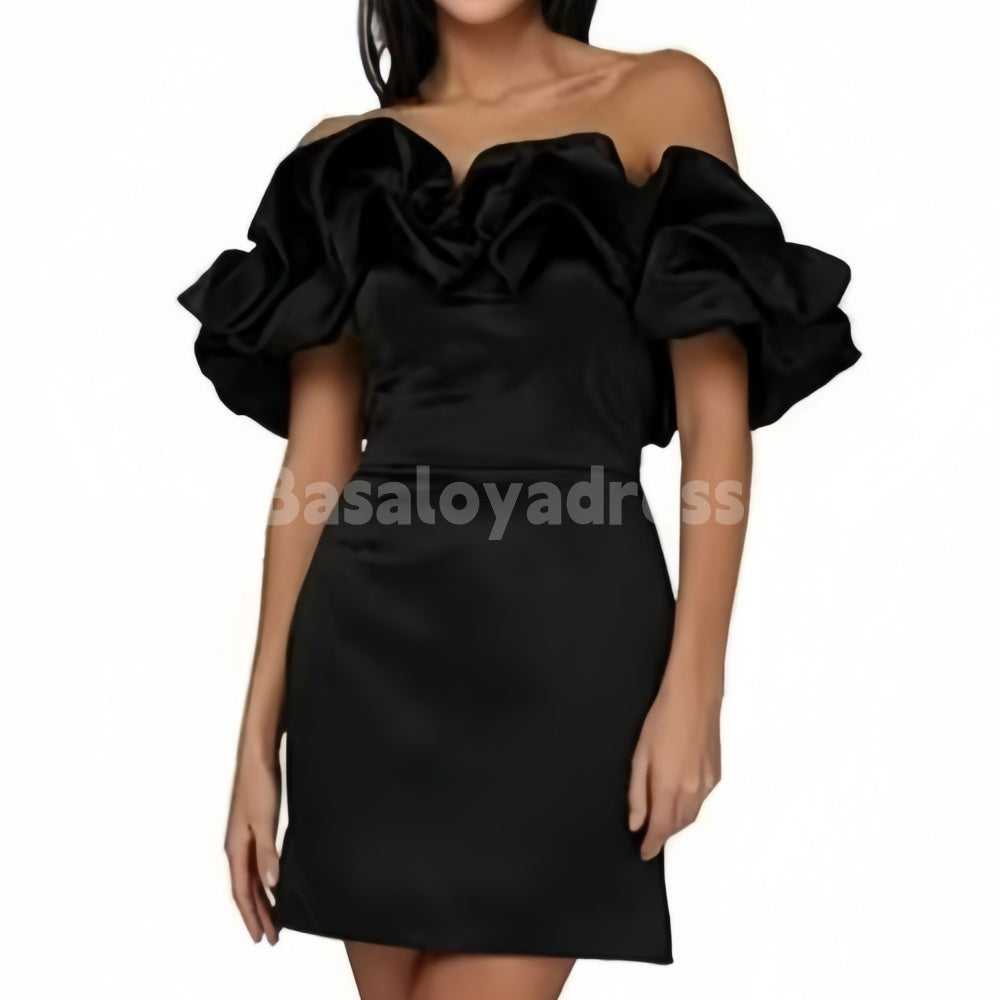 BSD00029 Sheath Column Off-the-Shoulder Satin Short Skirt Mini Homecoming Dress With Ruffles